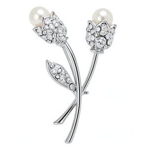 Charter Club Silver-Tone Crystal and Imitation Pearl Tulip Pin